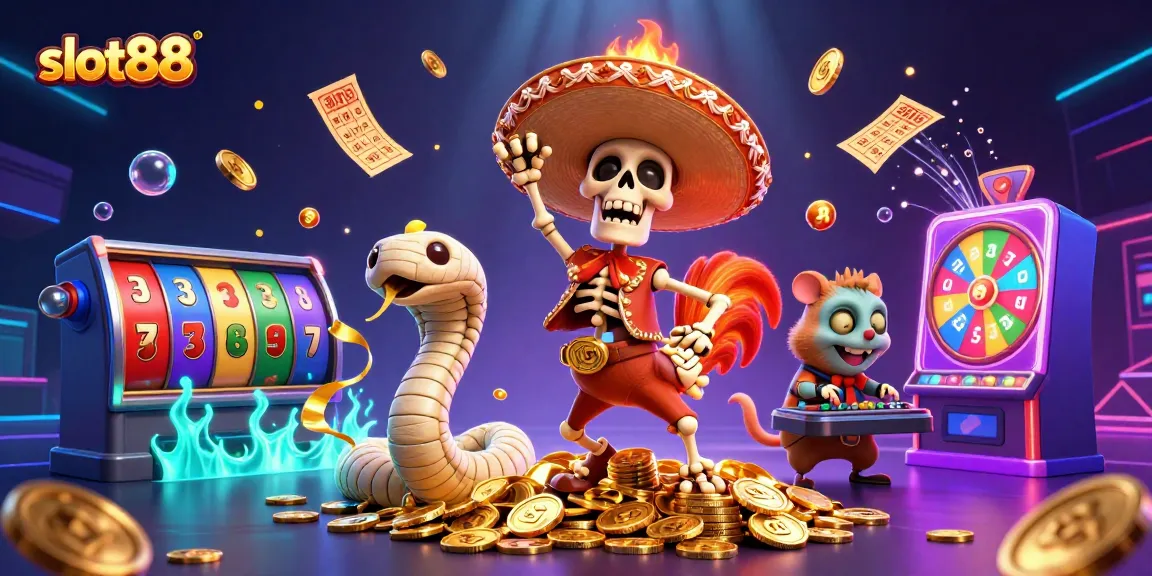 Menangkan jackpot di slot88 dengan skeleton mariachi, ular mummy, dan hamster DJ dalam suasana casino yang meriah.
