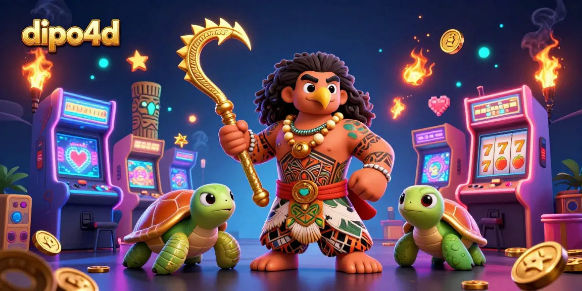 Join the dipo4d gaming adventure with lively characters, slot machines, and vibrant game elements.