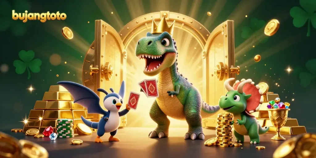 Bujangtoto showcases a vibrant, cartoon T-Rex shuffling cards and a Triceratops stacking chips in a rich casino setting.