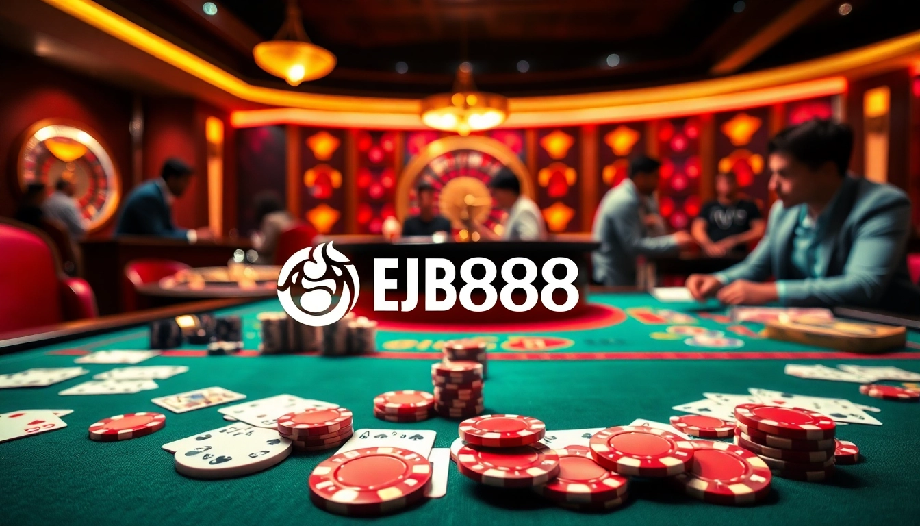 Players enjoying a glamorous BJ888 casino experience with poker chips and cards.