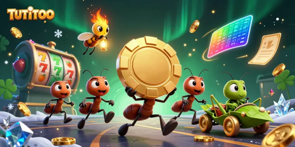 TUTITOTO team of cartoon ants executing a heist with a golden poker chip amidst casino elements and dynamic visuals.