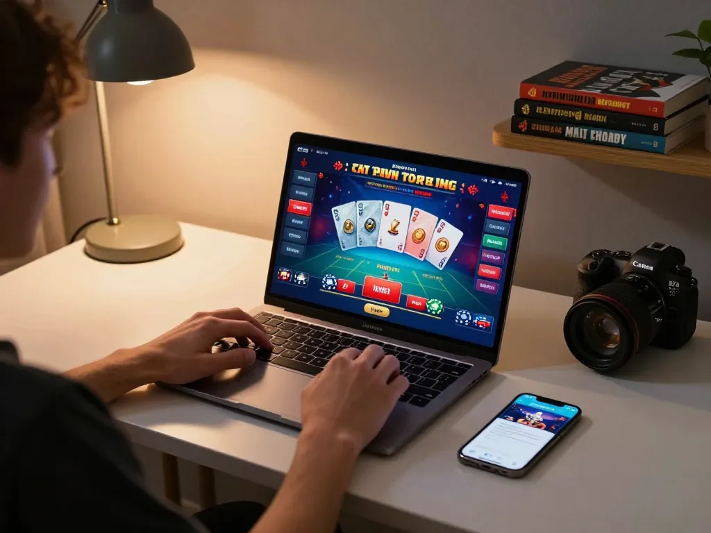 Kuwin1 app interface displayed on a laptop, highlighting online gaming strategies.
