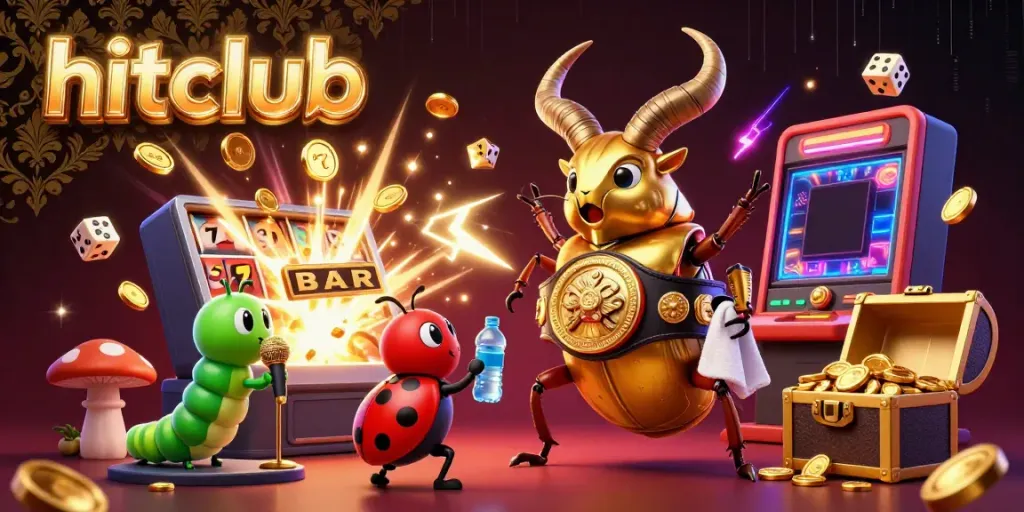 Experience the excitement of hitclub with a vibrant 3D scene showcasing a slot jackpot explosion and energetic characters.