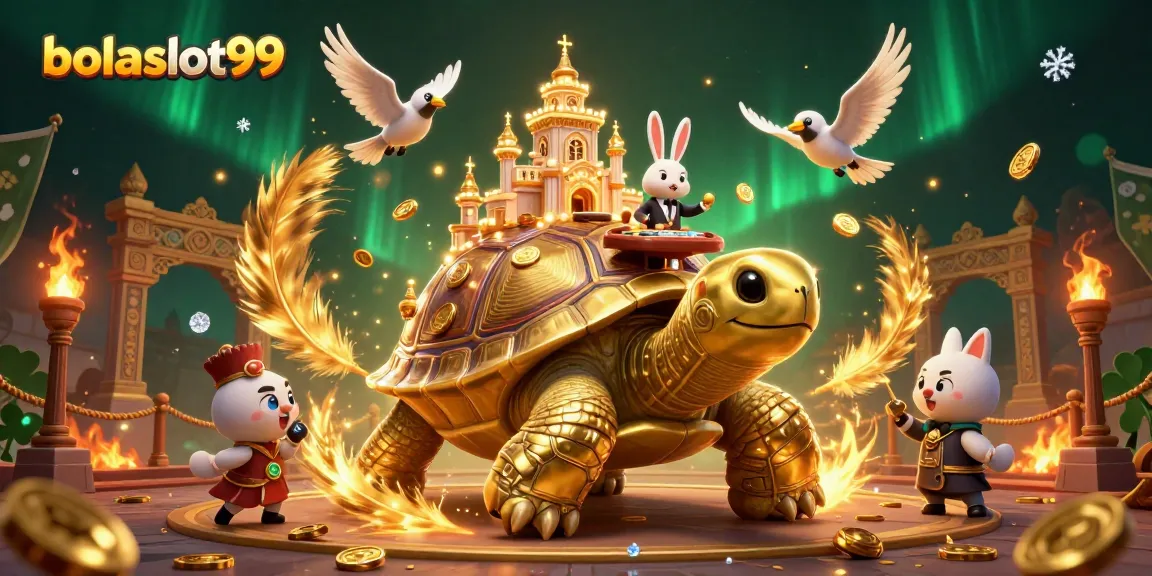 Join the excitement at bolaslot99 with golden tortoise and rabbit dealer amidst lavish casino elements.