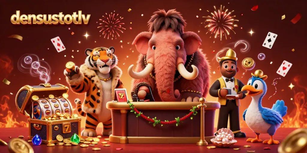 Experience the vibrant gaming world at densustotolv with dynamic casino characters in a celebratory scene.
