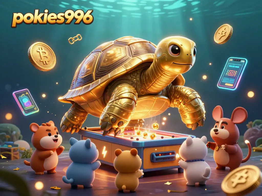 Experience the fun of pokies996 with a 3D golden tortoise pinball machine surrounded by cheerful animals.