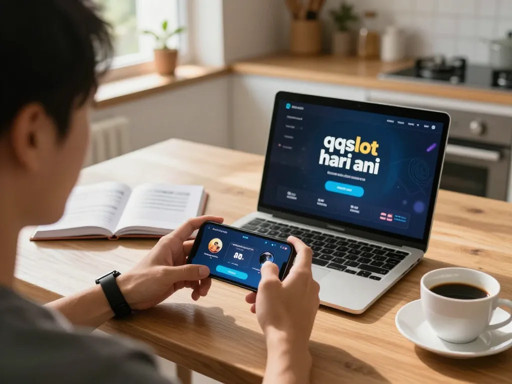 Engaging in mobile gaming at home, showcasing link qqslot hari ini app with strategy notes and coffee