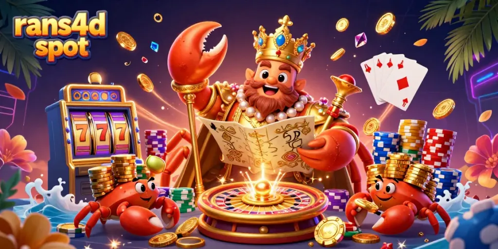 Rans4d slot dengan karakter kepiting emas dan elemen permainan kasino menarik.