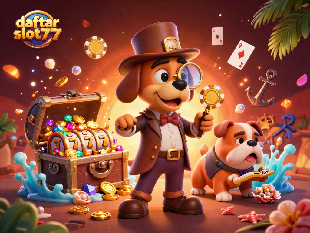 Experience daftar slot777 with a fun detective scene featuring cartoon characters exploring a treasure-filled casino.
