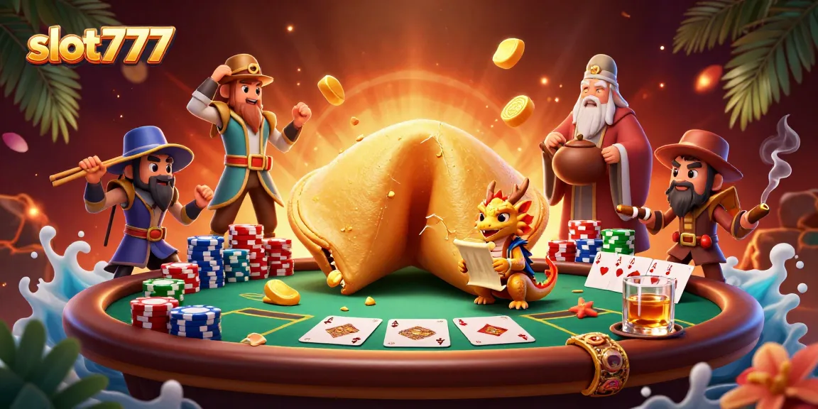 Win big at slot777 with a vibrant 3D illustration featuring golden cookies and poker elements.