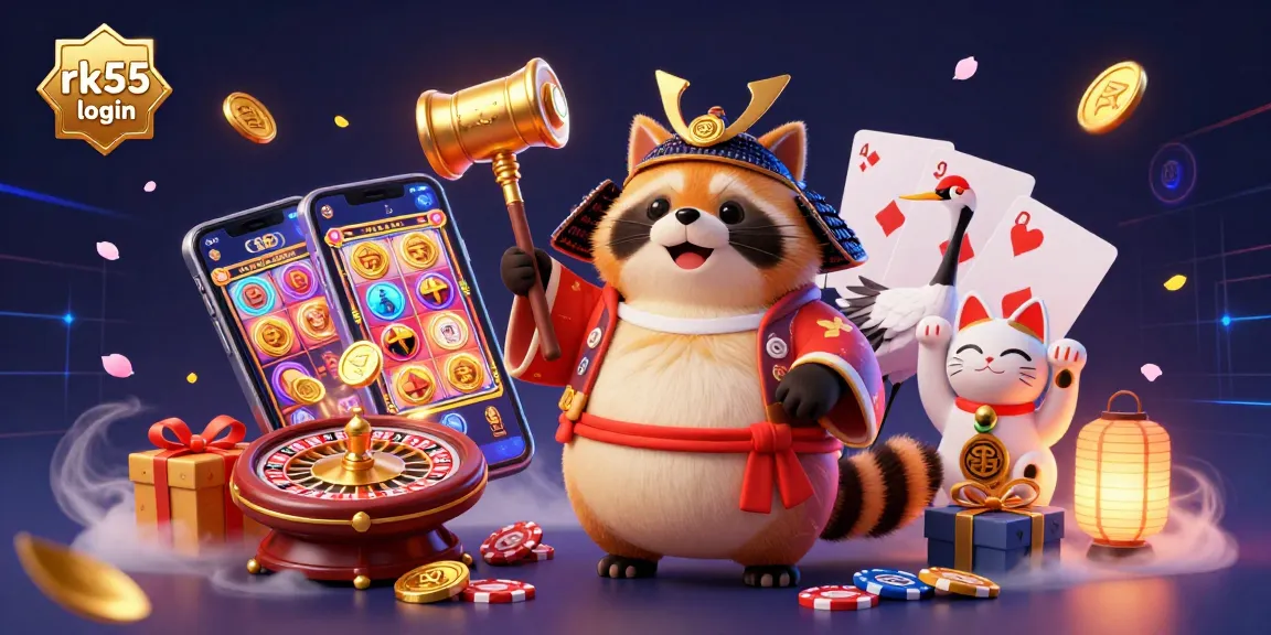 Experience seamless rk55 login through festive 3D characters and vibrant casino elements.