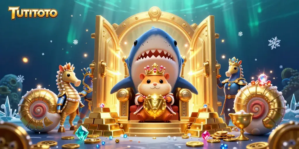 Engage in TUTITOTO's vibrant underwater casino scene with a golden hamster king and treasure.