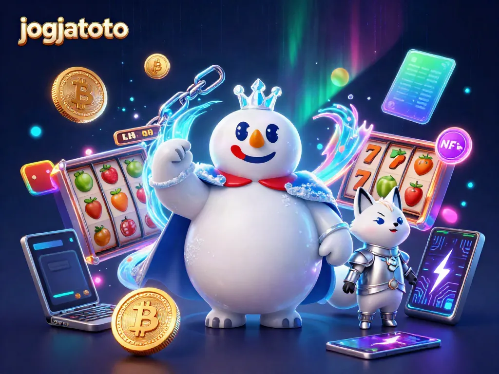 Engage with the fun of jogjatoto, featuring a vibrant scene of 3D casino characters amidst slot games and digital currency.
