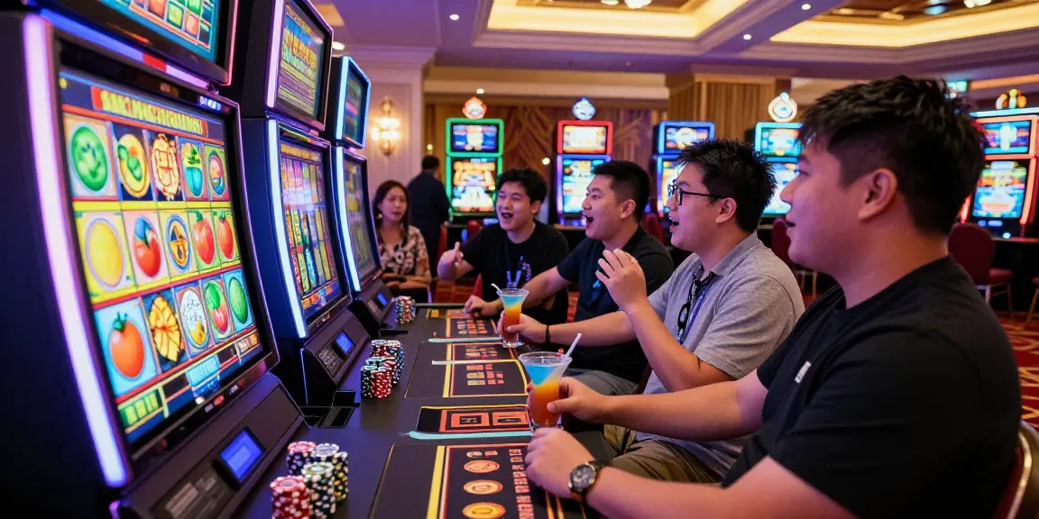 Situs slot players enjoying a casino experience with vibrant lights and excitement