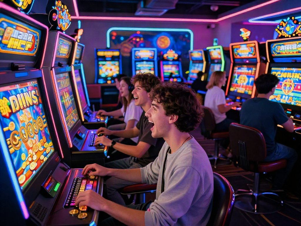 Pengunjung menikmati slot gacor di arcade dengan suasana ceria dan mesin yang berkilau.
