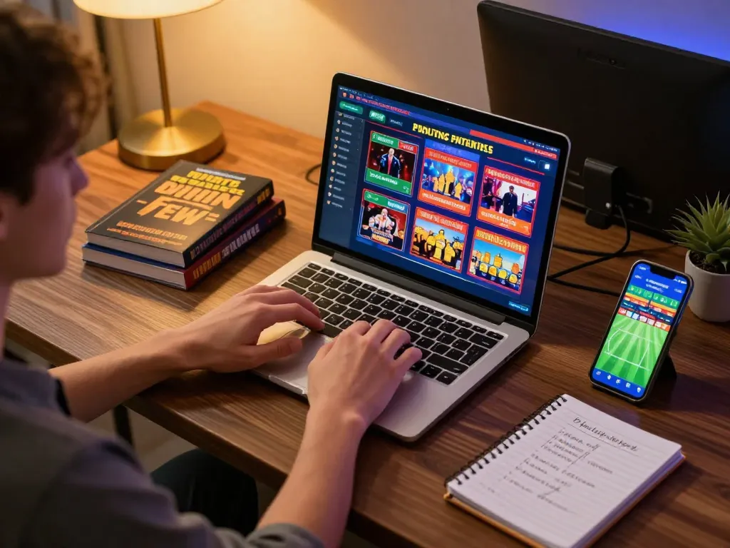 Sesi permainan daring yang menarik di rumah dengan mesin slot di laptop dan aplikasi taruhan olahraga, menampilkan alexis500.