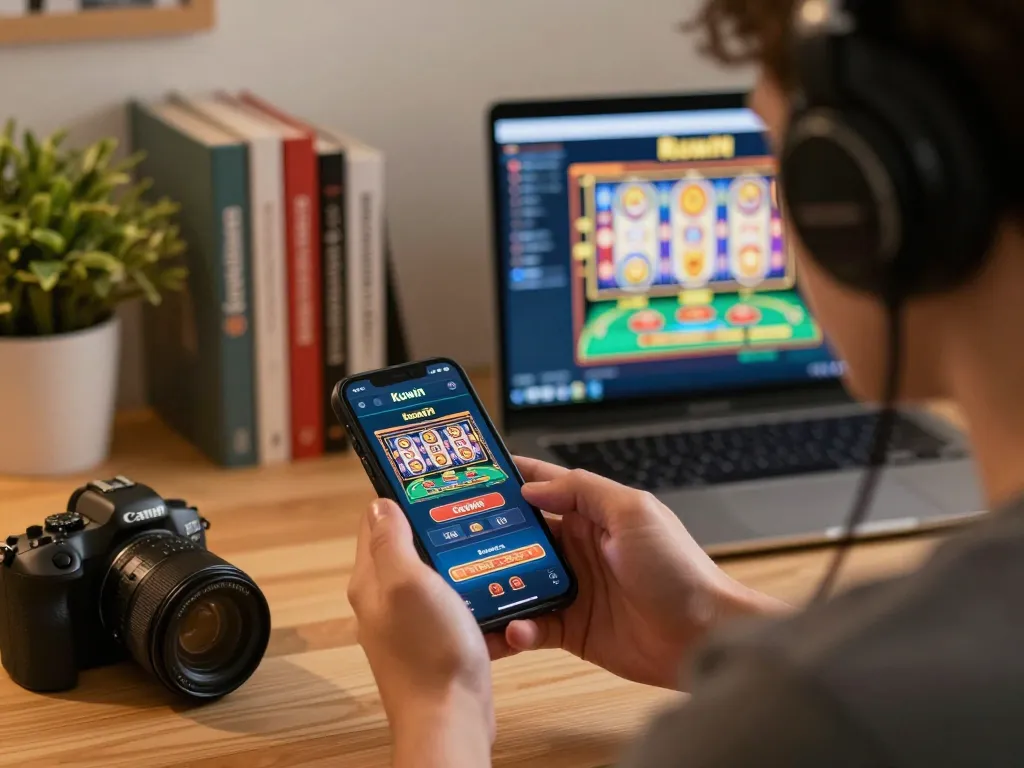 Kuwin app displayed on smartphone screen during an online gaming session at home, showcasing engaging casino graphics and gameplay