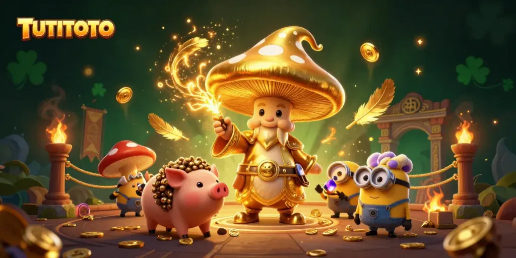 TUTITOTO showcases a magical casino scene with a wizard, treasure pig, and gemstones