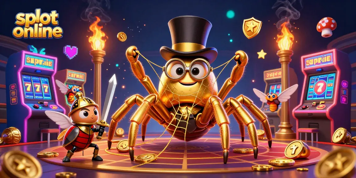 Slot online: Ilustrasi 3D detail tinggi dari tarantula emas dan ksatria, dikelilingi simbol slot kemenangan.