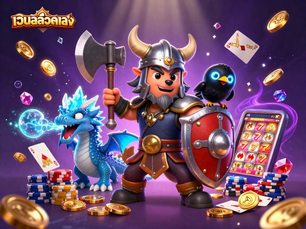 Cascade winnings in เว็บสล็อตตรง as fantasy characters animate with coins and gem stones.