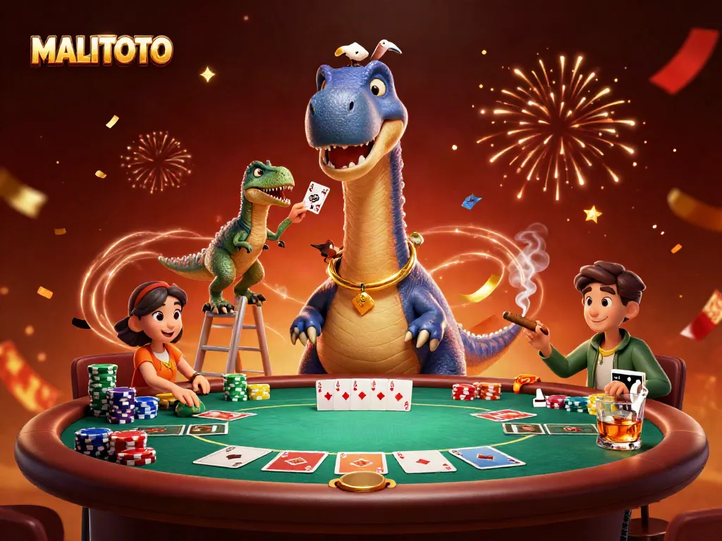 Engage in thrilling poker games at MALITOTO with a brontosaurus overseeing the action at the casino.