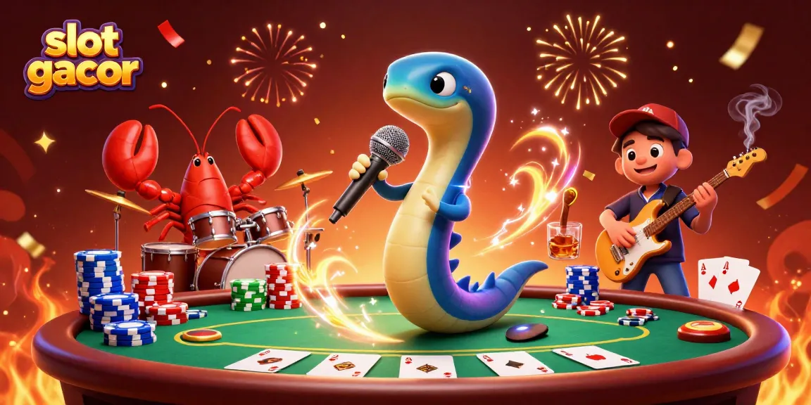 Slot gacor menghibur dengan ilustrasi 3D, menampilkan ikan belut DJ di panggung kasino bawah laut.