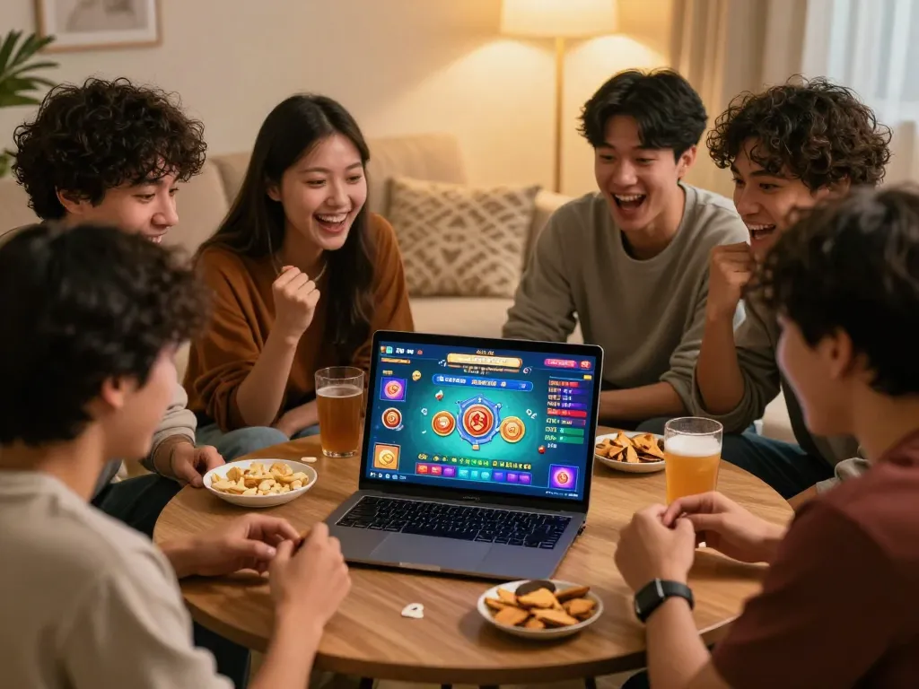 Teman-teman yang terlibat sedang menonton permainan data RTP mahjong ways di laptop, menikmati pengalaman bermain game online yang menyenangkan.