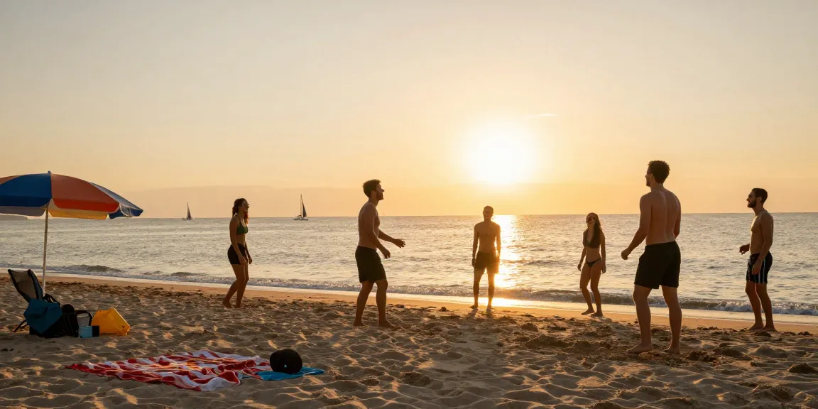 Tampilkan suasana ceria di pantai saat senja dengan teman bermain voli, mengaitkan Link LUXURY777 dalam kebersamaan dan kebahagiaan.