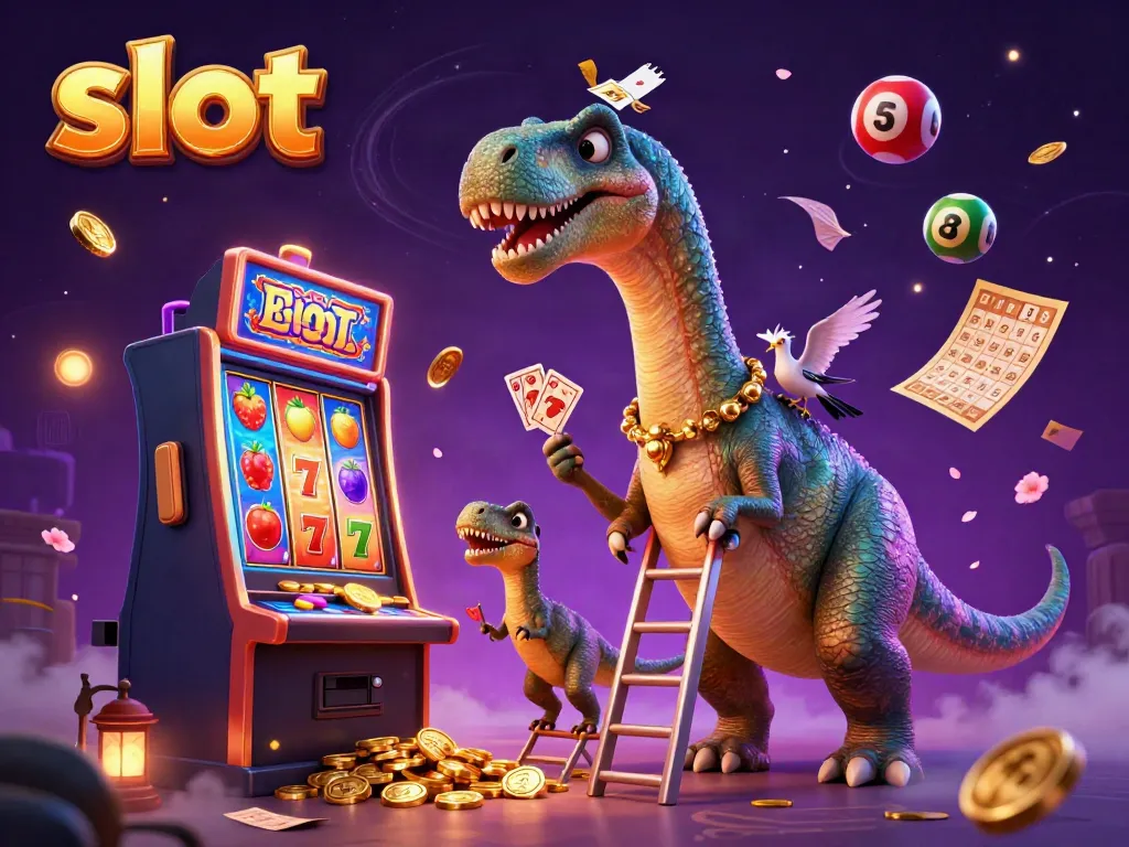Engaging view of a slot machine with a brontosaurus and raptor accompanying vibrant game elements.