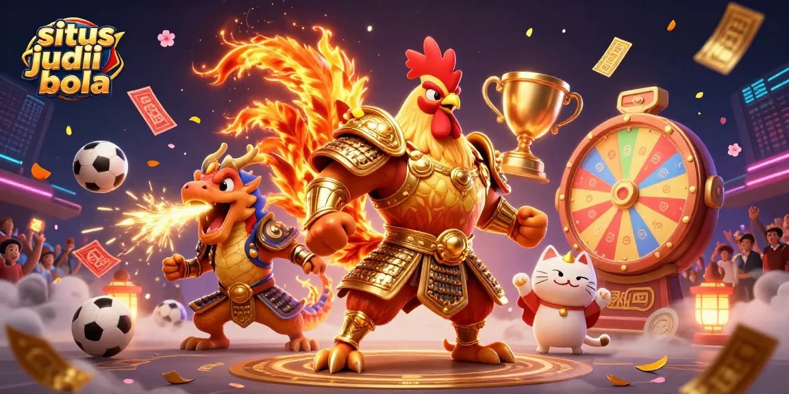 Engage with the situs judi bola scene featuring a fiery rooster warrior and armored dragon in a vibrant betting environment.