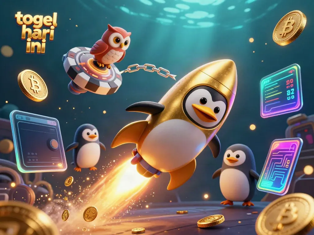 Gambaran togel hari ini dengan penguin emas meluncur ke stasiun kasino, dikelilingi koin crypto yang bersinar.