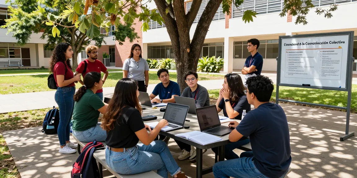 Students discussing media topics at Escuela Ciencias de la Comunicación Colectiva, showcasing the vibrant atmosphere of slot gacor education.