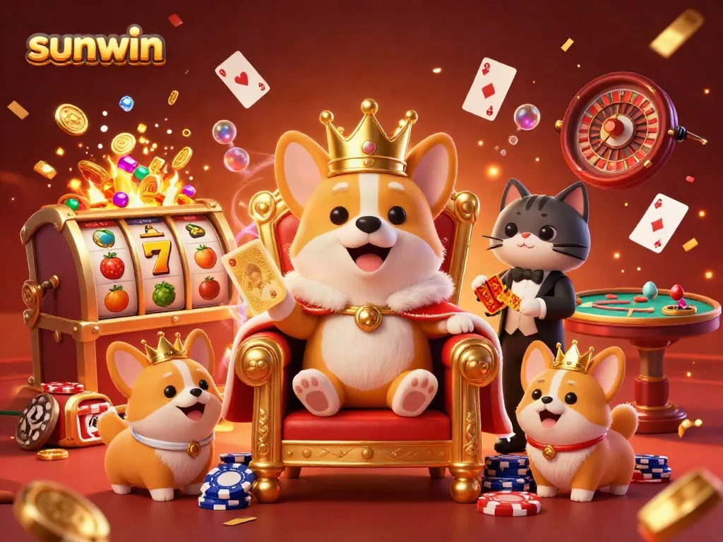 Play games and win big with sunwin in a vibrant 3D casino scene filled with slots and action.