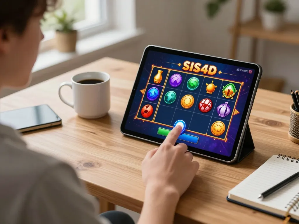 Engaging with SIS4D online slot game while seated at a cozy home workspace, capturing a strategic gaming moment.
