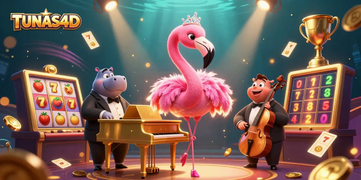 TUNAS4D showcases a vibrant casino scene with a flamingo singer and hippo bassist enjoying slot games.