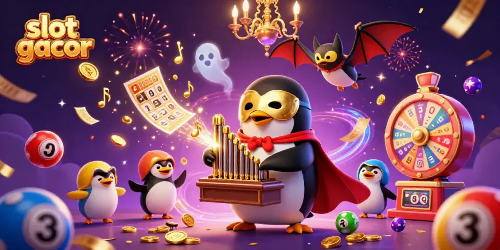 Slot gacor memberikan keseruan, penguin misterius memainkan organ sambil koin emas terbang.
