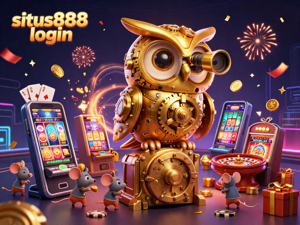 Engage in situs888 login with our vibrant casino illustration featuring a golden owl and lively slot machines.