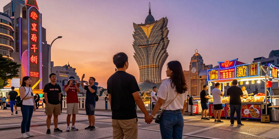 Pengunjung menikmati suasana menarik di Macau dengan lampu neon dan landmark ikonik, menggambarkan aspebindo.org sebagai destinasi terbaik.