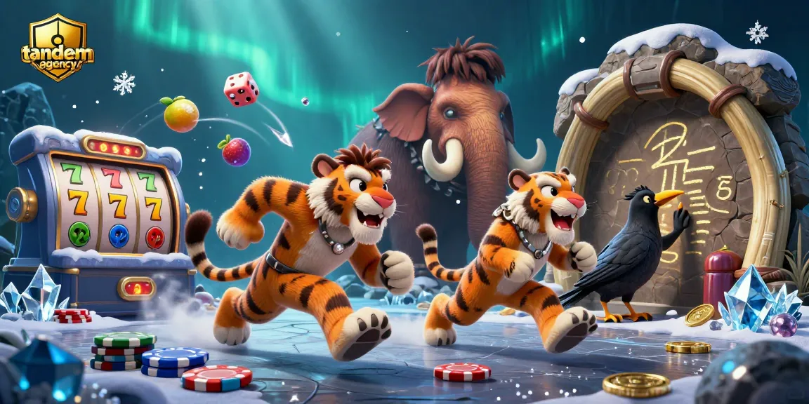 Tandemagency showcases a prehistoric casino scene with cavemen and engaging elements for gamblers.