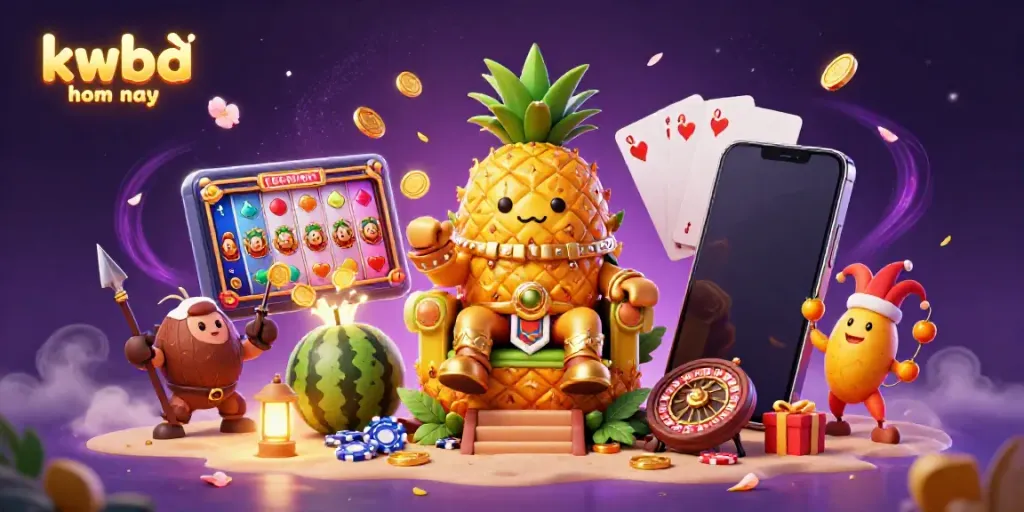 This vibrant illustration captures the excitement of kqbđ hom nay with a golden pineapple king and dynamic gaming elements.