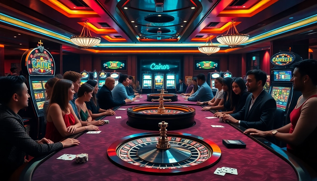 Penjudi Situs Gacor merayakan kemenangan di kasino mewah yang menampilkan mesin slot dan roulette.