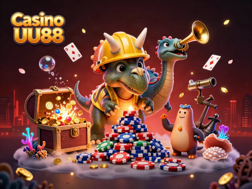 Win big at Casino UU88 with colorful poker chips and lively dinosaur characters.