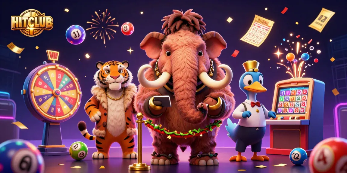 Experience the dynamic energy of HITCLUB with colorful lottery balls and engaging casino characters.