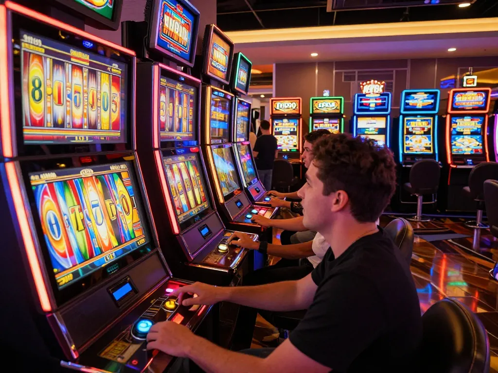 Engaged players spinning mpo500 slot machines in vibrant casino atmosphere