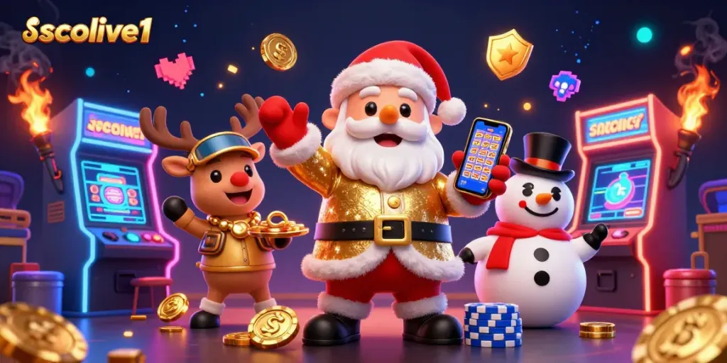 Socolive1 game scene featuring Santa, reindeer, and snowman amidst vibrant casino symbols.