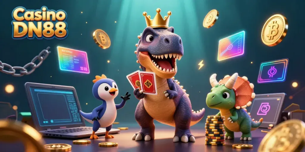 Engage with Casino DN88's vibrant and dynamic gaming experience through cartoon characters and crypto elements.