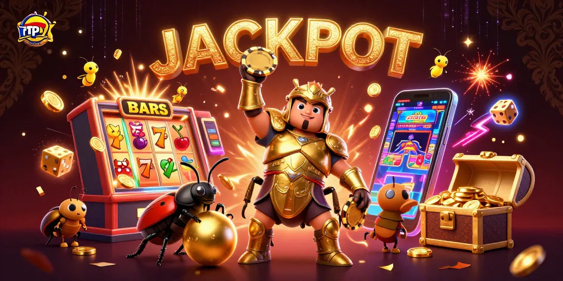 Spin for big wins with rtpcongtogel as a victorious beetle lifts a poker chip amidst casino games.