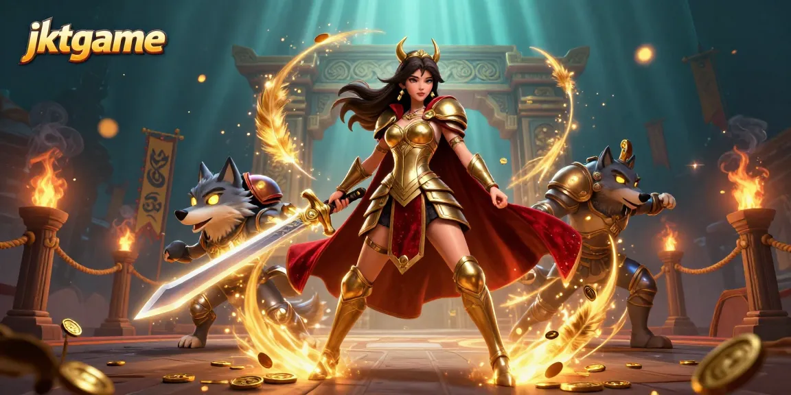 Experience jktgame thrills with a warrior queen and her captivating wolf in this vibrant casino-themed art.