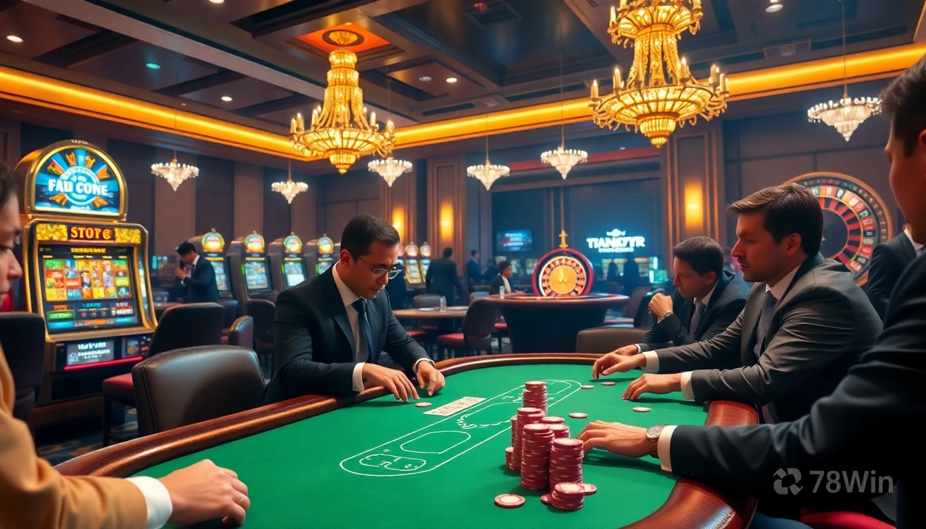 Experience the thrill of 78Win with a high-stakes casino game showcasing poker and vibrant atmosphere.