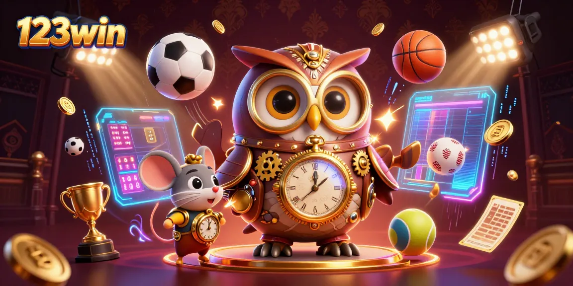 Experience the thrilling entertainment of 123win with a vibrant 3D casino scene, featuring dynamic sports elements.